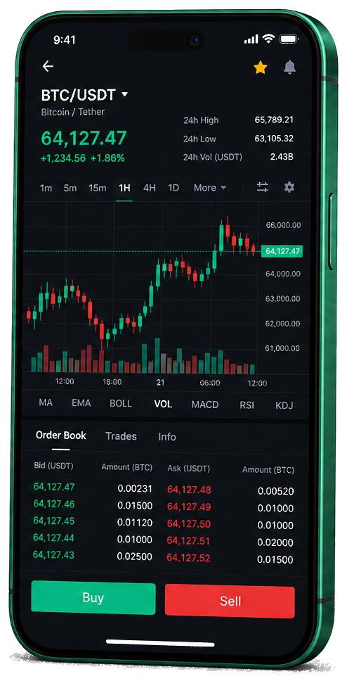 Mobiele handelsinterface van Ledger & Lantern — live BTC/USDT-grafiek met orderboek en functies voor kopen en verkopen
